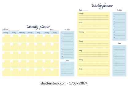 Two planners: weekly, monthly. To-do list, goals, notes template. A sheet of paper with a place for notes. Business organizer. Vector illustration.