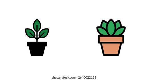 Two plant icons side-by-side against a white background, one with a seedling in a black pot, the other a succulent in a terracotta pot.