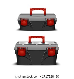 two plastic black tool box, red handle and lock on a white background. Toolkit for builder or industrial store. Realistic box for tools