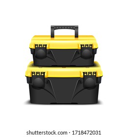 two plastic black tool box, yellow cap on a white background. Toolkit for builder or industrial store. Realistic box for tools