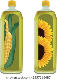 Two plastic bottles containing cooking oil, one with corn and the other with sunflowers inside, illustrating the origin of the product