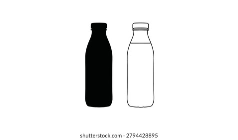 Two plastic bottles are depicted, one as a solid black silhouette and the other as a white outline against a