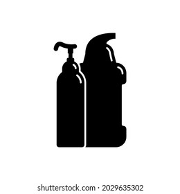 Two plastic cosmetic jar product. Oil, mask, cream. Cosmetic container. Illustration design in the form of black silhouette with thin white lines. Isolated icon in flat style on white background.
