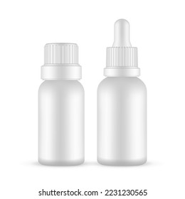 Two Plastic Dropper Bottles With Screw Caps, Essential Oil or Serum, Isolated on White Background. Vector Illustration