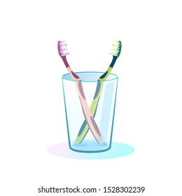Two plastic multi-colored toothbrushes in a glass. Care of teeth, protection of caries. Morning routine procedures in the bathroom. Healthy lifestyle. Vector cartoon illustration.