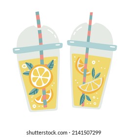 Dos vasos transparentes de plástico para limo con tubería rayada. Limonada fresca, zumo de naranja con rodajas de cítricos en una taza de plástico. Estilo de dibujos animados planos vectoriales de mano aislada.