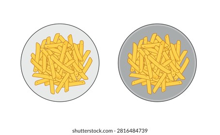 Two plates containing crispy french fries presented in different colored bowls for food service illustration.