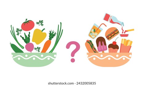 Two plates with healthy and fresh vegetables and unhealthy fast food. Weight loss concept - organic food plate versus fast food plate with hamburger, hot dog, soda, ice cream and cupcake. Vector illus