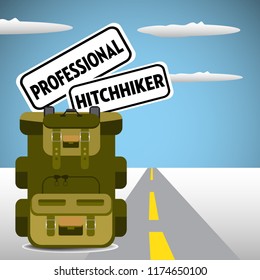 Two plates with the text professional hitchhiker in a backpack. Hitchhiking theme