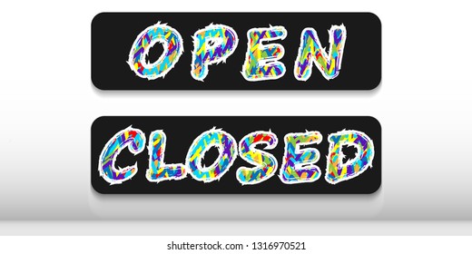 Two plates with the words "open" and "closed" on a black background.