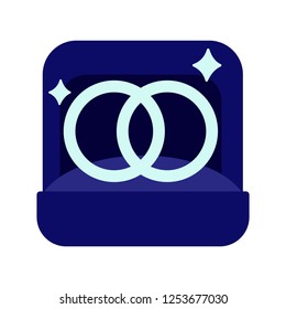 Two platinum engagement rings in box isolated on white background. Wedding accessories in blue package, symbol of eternal love, unity and devotion. Vector illustration of proposal symbolic rings