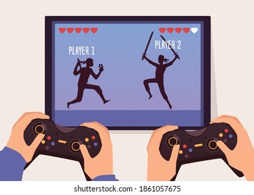 Dos jugadores luchan contra la pantalla del juego y las manos sostienen joysticks de juego, gente jugando juntos en controladores joystick en la pantalla de TV, ilustración vectorial.