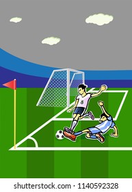 two players in the corner of a football field