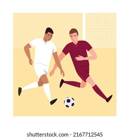 Two players from different teams during the match play the ball on the field near the football goal.