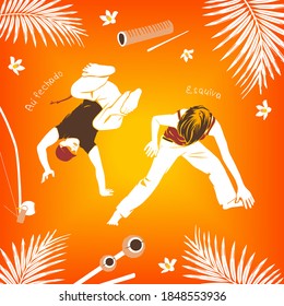 Two players (jogadores) of capoeira, brazilian martial art, on the abstract orange background with the musical instruments berimbau, agogô, reco-reco and text: aú fechado, esquiva.