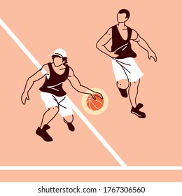 Dos jugadores masculinos con diseño de baloncesto, hobby deportivo de baloncesto competición equipo de entrenamiento de juegos de torneo y jugar tema Vector ilustración