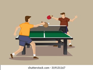 Two players playing table tennis with ping pong ball and table tennis racquets. Vector illustration of  table tennis game viewed from one end of table tennis table isolated on plain background.