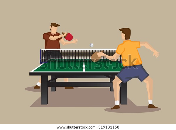 Two players playing table tennis with ping\
pong ball and table tennis racquets. Vector illustration of  table\
tennis game viewed from one end of table tennis table isolated on\
plain background.\
