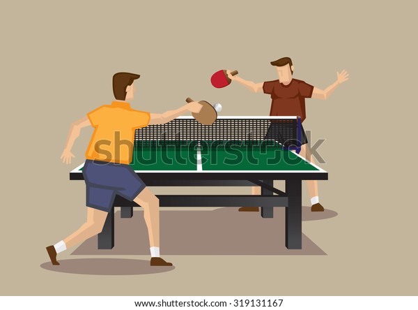 Two players playing table tennis with ping\
pong ball and table tennis racquets. Vector illustration of  table\
tennis game viewed from one end of table tennis table isolated on\
plain background.