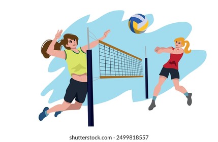 two players playing a volleyball game. vector illustration.