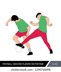 Two players of the same team train against each other. One football player takes the ball from the other. Color vector illustration. Dynamic football figures. Soccer Pair.