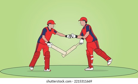 Two Players talking and shaking hands cricket player with bat in cricket ground