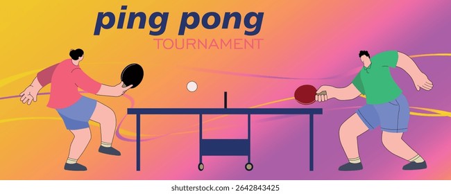 Two players training in table tennis, competition poster, activity. Ping pong tournament banner, professional championship, racket sport