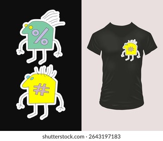 Two playful 90s retro doodle characters—a mint-green percent and a bright-yellow hashtag—with white outline in minimalist stick style. Bold print for black apparel, books, journals.