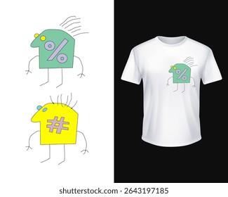 Two playful 90s retro doodle characters—a mint-green percent and a bright-yellow hashtag—in minimalist stick style without bold outline. Clean print for white apparel, notebooks, posters and merch.