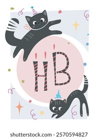 Two playful black cats wearing party hats with HB text in a festive design, surrounded by confetti and sparkles on a light background. Celebration concept. Vector illustration.