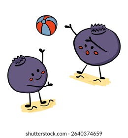 Two playful blueberry characters tossing a beach ball on sand in kawaii style. Concept expresses summer fun, friendship and joyful outdoor activity