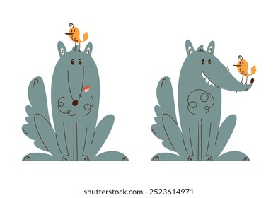 Dos divertidas ilustraciones de dibujos animados de un lindo lobo interactuando con un Pequeño pájaro, capturando un momento humorístico y caprichoso.