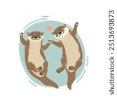 Two playful cartoon otters happily swimming together on light blue background with heart symbol, flat style illustration