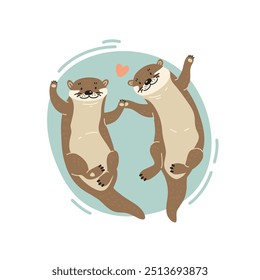 Two playful cartoon otters happily swimming together on light blue background with heart symbol, flat style illustration