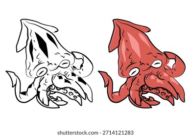 Two playful cartoon squid characters, one white and one red, sit side by side with friendly expressions. Bold line art and bright colors make them perfect for kids, education, and marine-themed projects.
