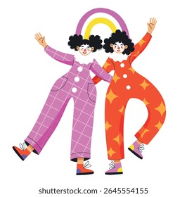 Two playful clowns in colorful costumes, happily dancing under a rainbow. Perfect for festive, joyful, and circus-themed designs.Isolated characters on white background.