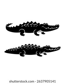 Two playful crocodiles, side view, black silhouettes on white background