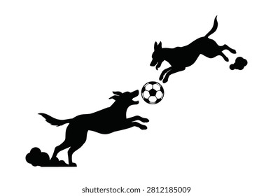 Two playful dogs jumping and playing with a soccer ball, active pet animals silhouette vector illustration isolated on white background.