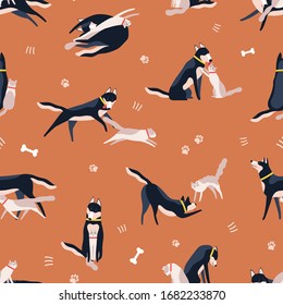 Two playful domestic colorful cat and dog seamless pattern. Funny cartoon animal running, playing, sitting and having fun together vector flat illustration. Cute pet friends on orange background