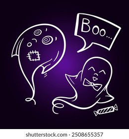 Two playful doodle ghost on a dark purple background, ideal for Halloween themes and spooky fun