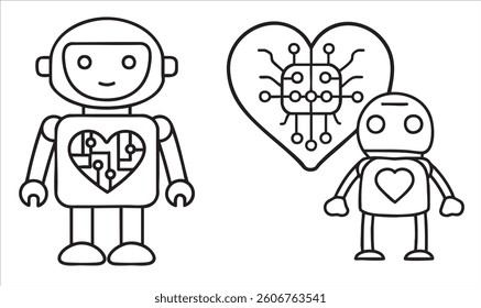 Two playful robots with heart designs, one featuring circuitry patterns.