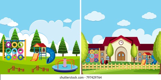 Two playground scenes at the park and school illustration