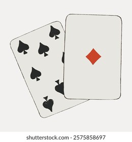 Two playing cards, one with spades, one with diamond. Playing cards for games, spades and diamond symbols. Classic playing cards for card games. Vintage art drawing illustration, painting art vector.