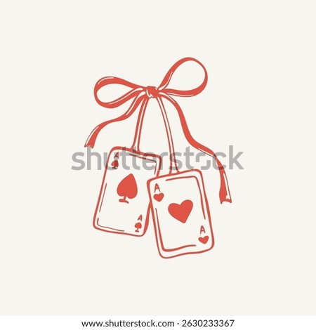 Two playing cards with whimsical bow. Hand drawn vector illustation in coquette girly doodle style. Ace of hearts and spades. Vegas casino, poker, blackjack concept. Card suit