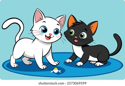Two playing cats black and white coloring book page for kids vector illustration