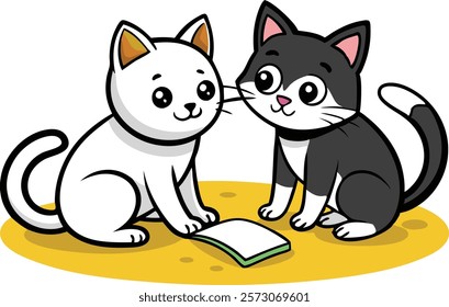 Two playing cats black and white coloring book page for kids vector illustration