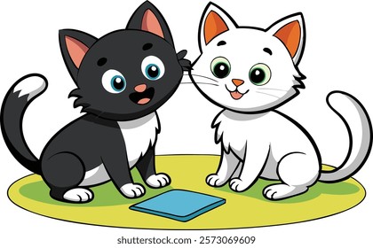 Two playing cats black and white coloring book page for kids vector illustration