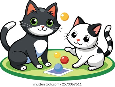 Two playing cats black and white coloring book page for kids vector illustration