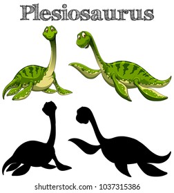 Two plesiosaurus with silhouette on white background illustration