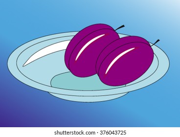 Dos ciruelas sobre un plato. fondo vectorial